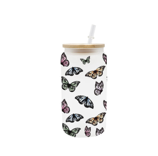 Multi Butterflies Frosted Glass Tumbler