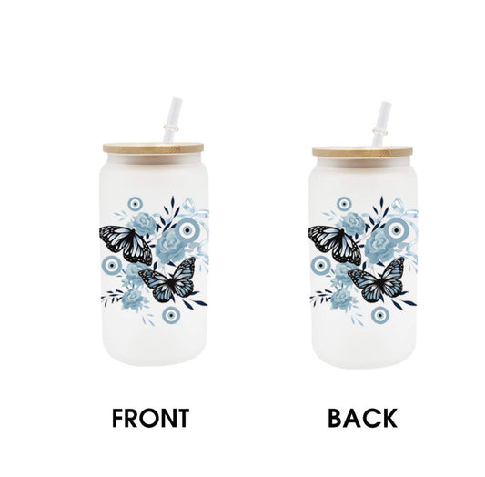 Blue Butterfly Frosted Glass Tumbler
