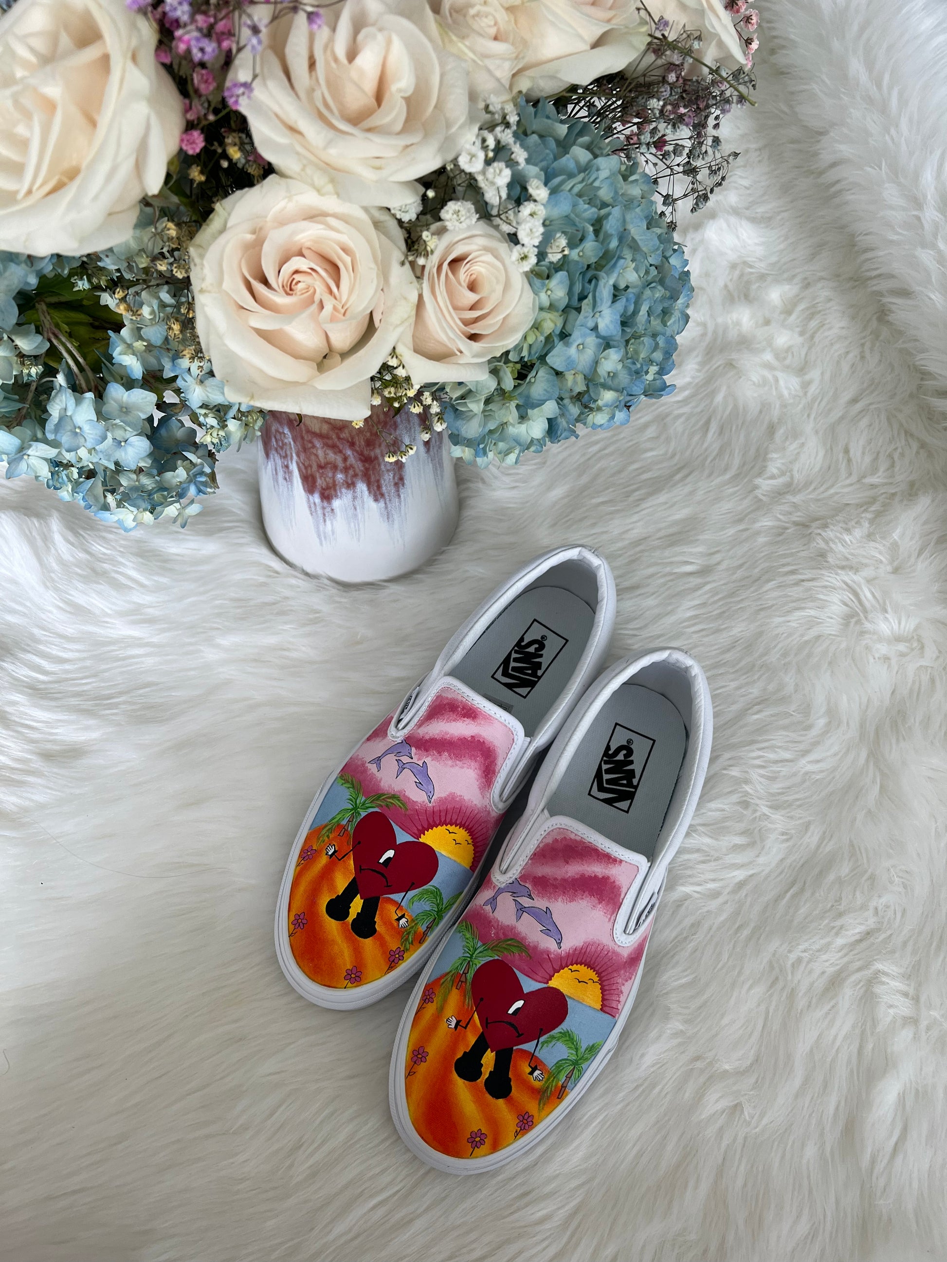 Bad Bunny Valentines Day Red Heart Portrait Custom Slip On Vans: LIMITED  TIME ONLY - Custom Vans Shoes